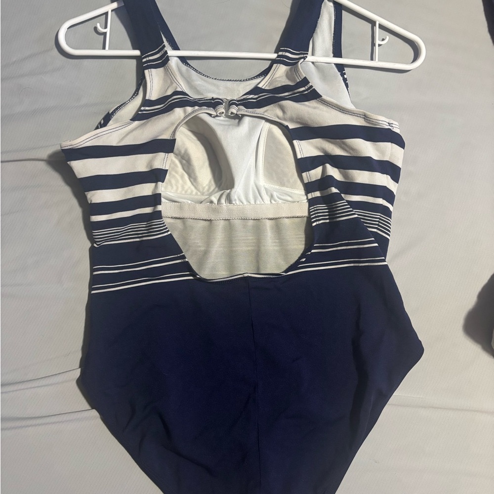 Navy and White Striped Kids Swim One Piece